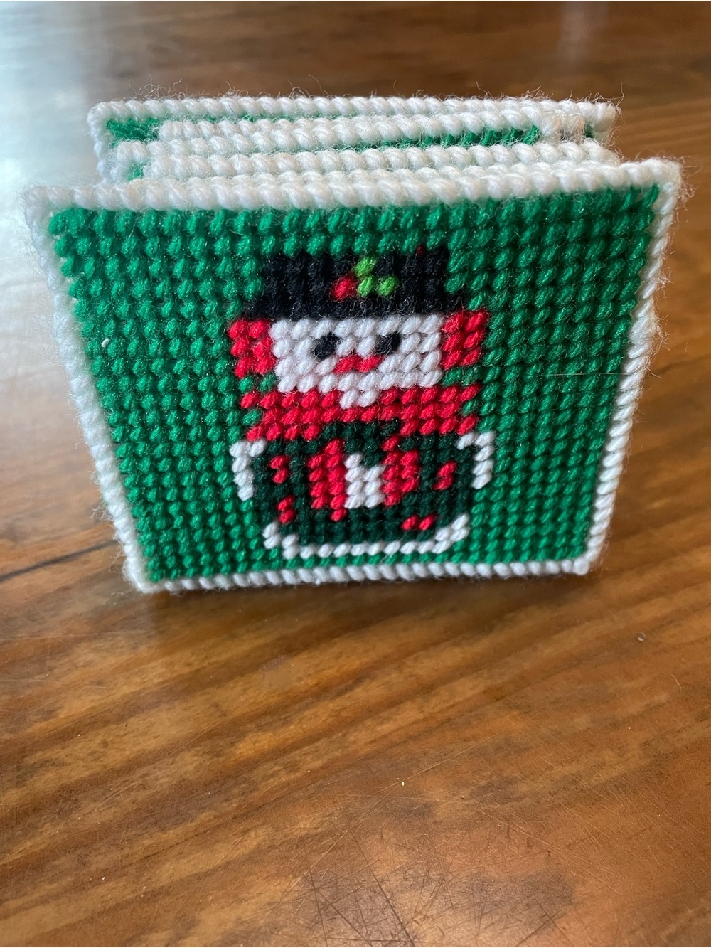 Vintage Handmade Needlepoint Snowman Coaster Set of 4 Christmas Holiday Hosting